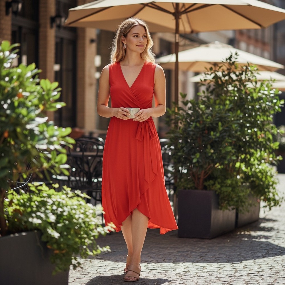 Lauren Ralph Lauren Faux Wrap Dress Womens 2X Orange Red Sleeveless Midi Belted